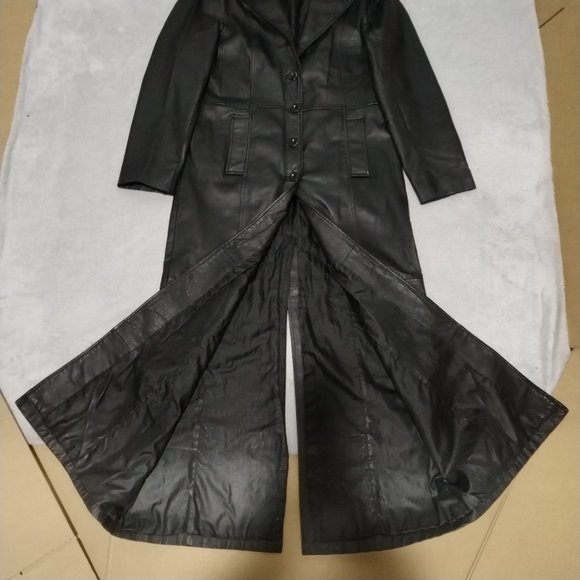 VTG C&A Jacket Women 14 Black Nappa Leather Trench Coat Long Leg Slit Steampunk - Picture 13 of 16